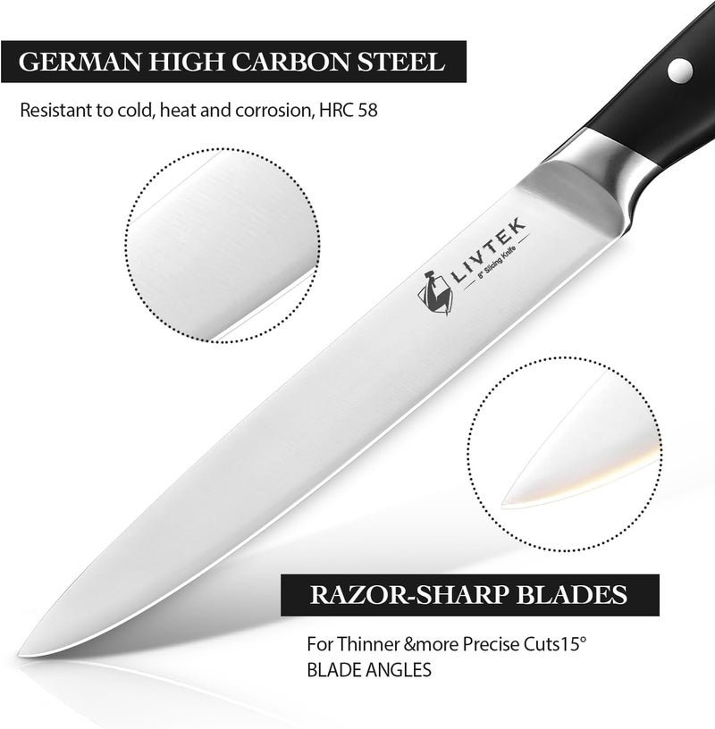 Livtek Carving Knife Set - Razor-Sharp German Stainless Steel - Ergonomic Handle & Full Tang Design - for Slicing Roast, Turkey, Ham, BBQ - 8 Inch Knife & 7 Inch Fork - Thanksgiving Gift - Image 5